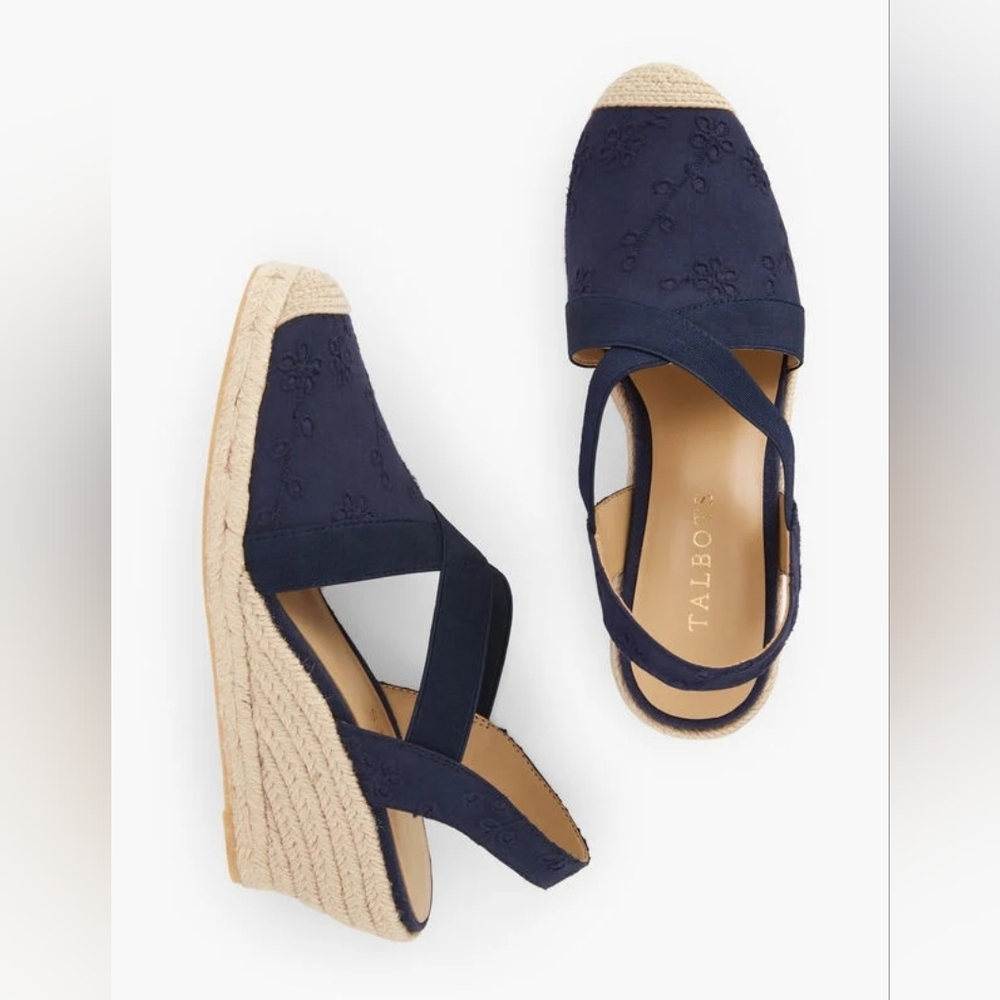 Talbots Lyndsay Eyelet Cutout Espadrille Wedges Navy Blue Sz 11